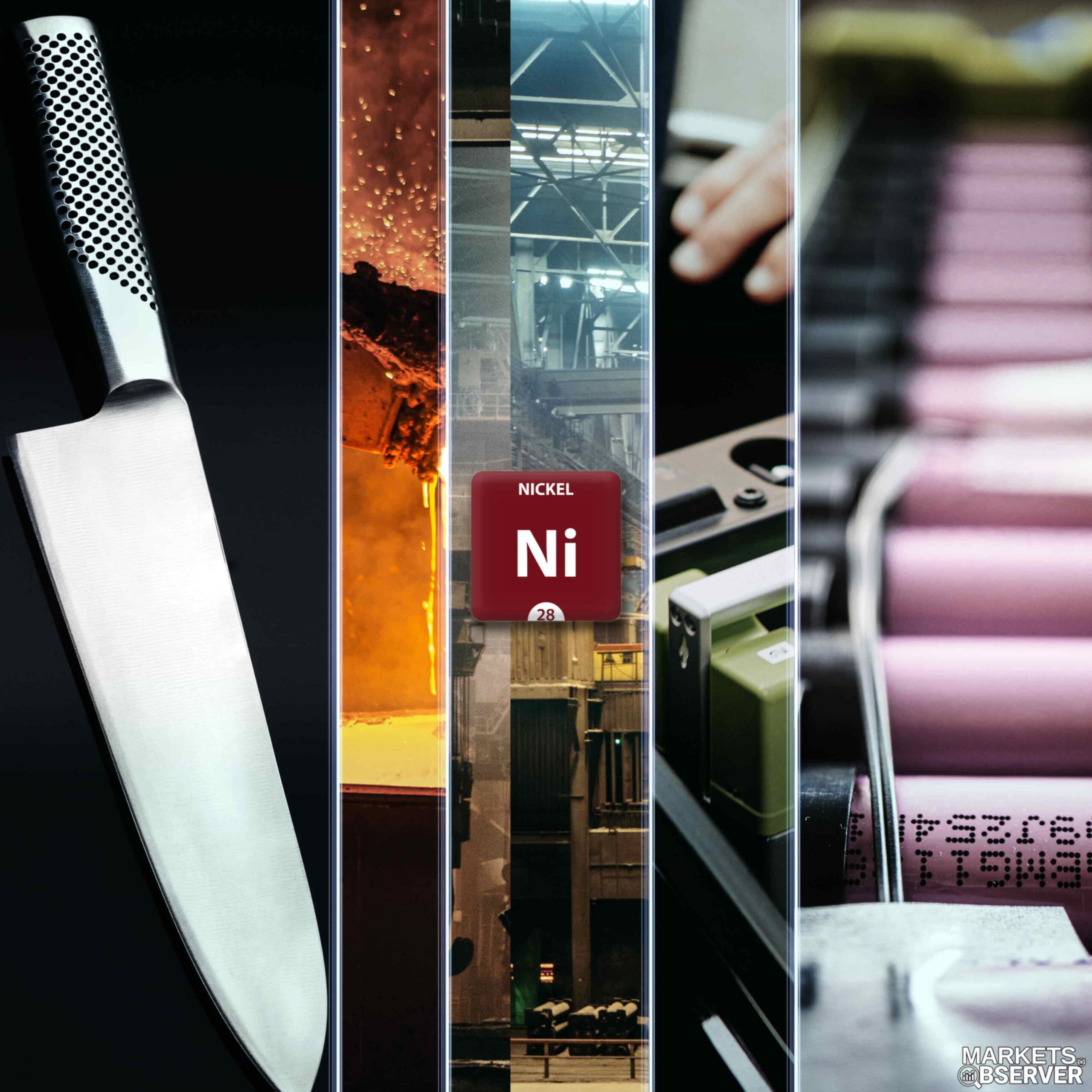 Nickel banner image showing Nickel periodic element tile plus various applications of Nickel - as a needed additive to make stainless steel illustrated with a kitchen-knife and steel smelting backdrops. Nickel's use in rechargeable batteries is shown with an open Ni-Mh or NiCad pack and a removable Li-ion pack in an EV.