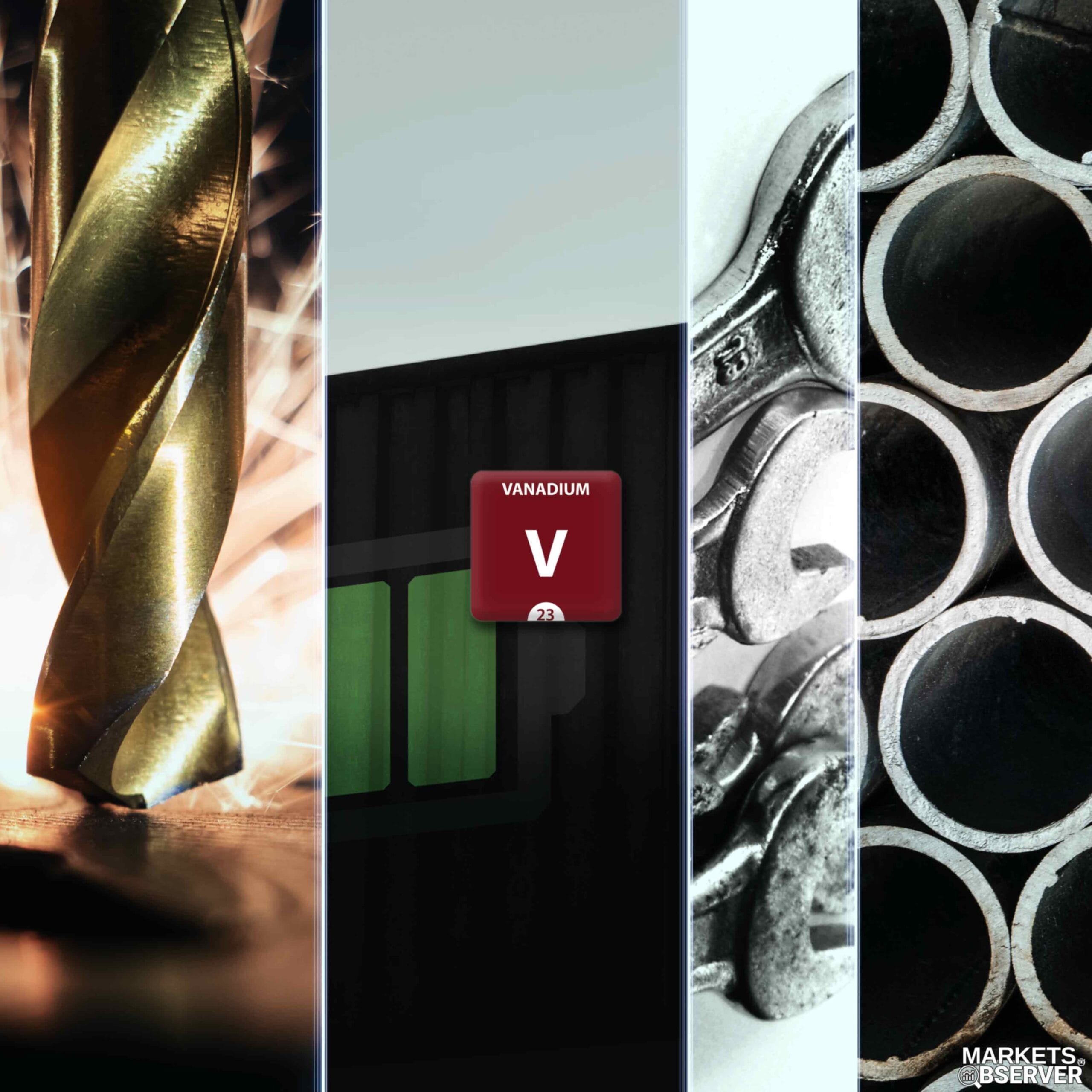 Vanadium banner image showing Vanadium periodic element tile plus various applications of Vanadium - as a steel-hardening agent in Chrome-vanadium steel drill bit sparking metal, a Vanadium-redox-flow grid storage battery illustration and more steel use in tools and pipes.